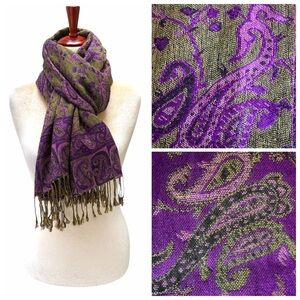 Pashmina Silk Purple Olive Khaki Paisley Fringe Wrap Scarf 26” x 70” Boho